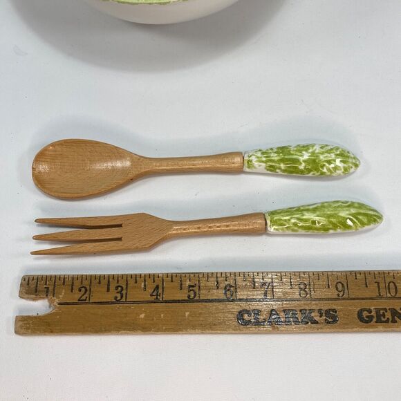 Large Ceramic Salad Pasta Vegetable Bowl Made in Italy Spoon & Fork Set Green - Picture 5 of 11
